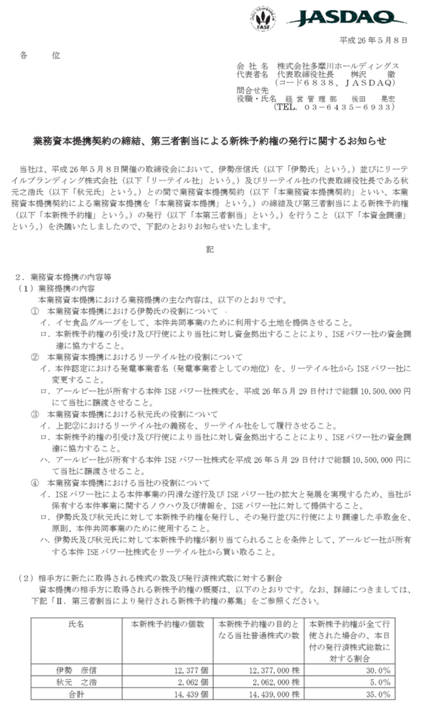 多摩川hd 太陽光発電事業について資本業務提携したはずのイセ食品の伊勢彦信会長からお金が振り込まれませんでした 市況かぶ全力２階建