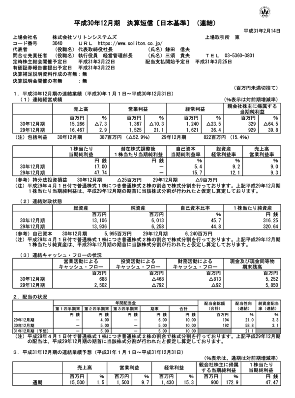 ソリトンシステムズ 決算短信の定性的情報で唐突に謎のポエムに走る 市況かぶ全力２階建