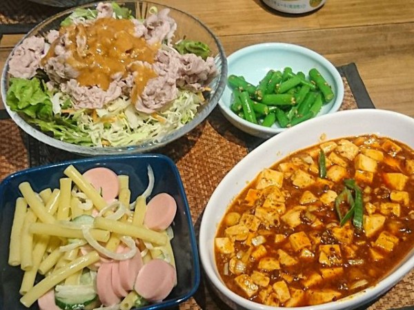 麻婆豆腐 冷しゃぶ マカロニサラダ いんげんのごま和え 日々の食事