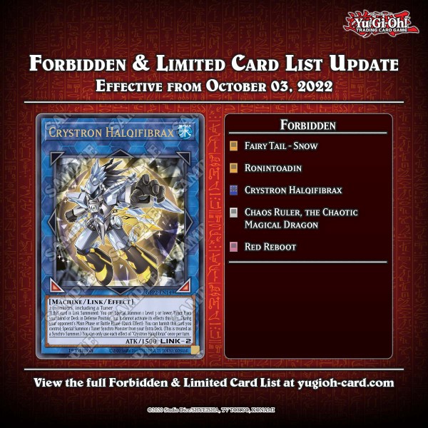 遊戯王tcg 海外の22年10月3日の新禁止制限リストが判明 妖精伝姫 シラユキ 粋カエル 水晶機巧 ハリファイバー 混沌魔龍 カオス ルーラー 等が禁止に スターライト速報 遊戯王ocg情報まとめ