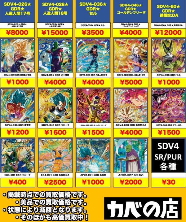 DBSDV4弾 発売4日目のメルカリ・買取相場 (前回との価格比較