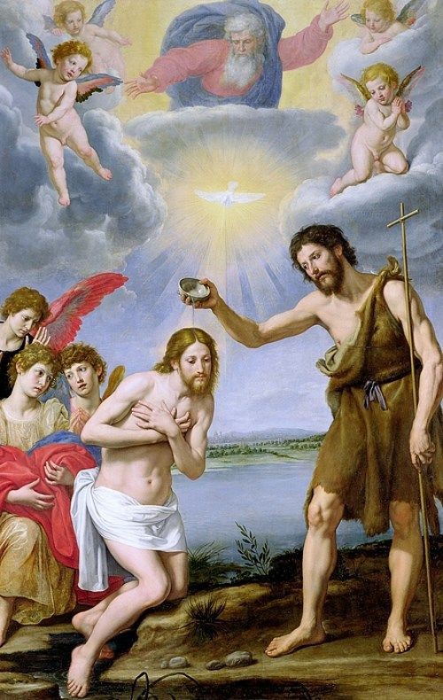 キリストの洗礼の絵画15点。救世主イエスはヨハネから洗礼を受け、神の 