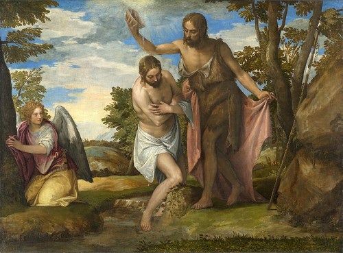 キリストの洗礼の絵画15点。救世主イエスはヨハネから洗礼を受け、神の 