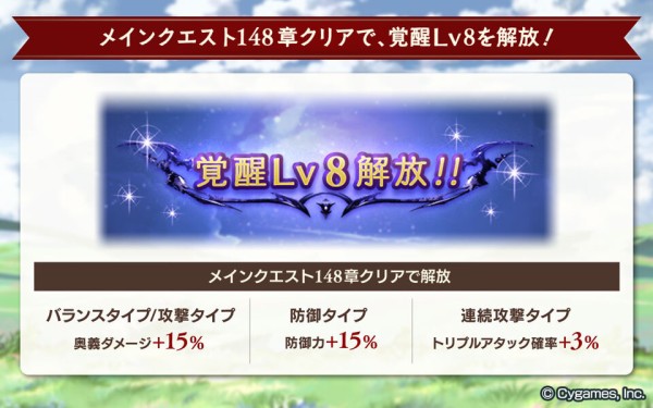 グラブル 覚醒lv8がメイン148章クリアで解放 バランス 攻撃は奥義ダメ 15 防御は防御力 15 連撃はta率3 とタイプ別にステータスが上昇 ミニゴブ速報 グラブルまとめ