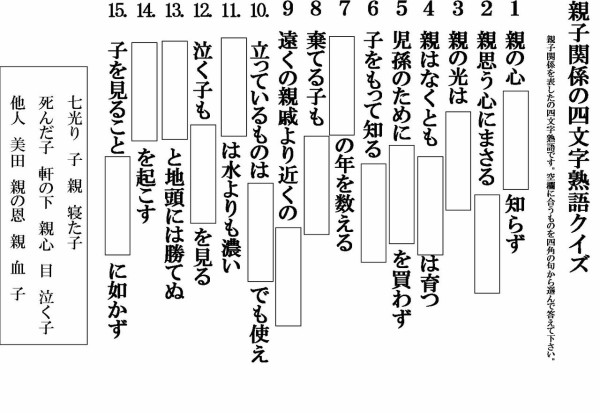 親子関係を表す言葉の四文字熟語クイズ 40人のデイサービスで喜ばれるレクとは