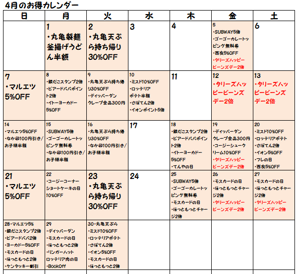 19年4月お得カレンダー 今月もお得な日を利用するぞ 割引やサービス特典をご紹介 節約と副収入で貯金を増やすブログ 目指せ金持ちライフ