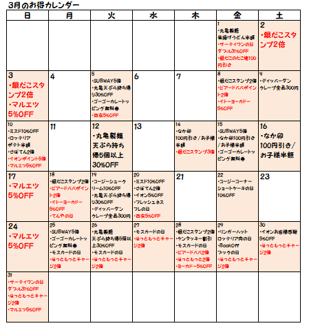 19年3月お得カレンダー お得な日ってこんなにあるんだ お得な日を計画的に活用しよう 節約と副収入で貯金を増やすブログ 目指せ金持ちライフ