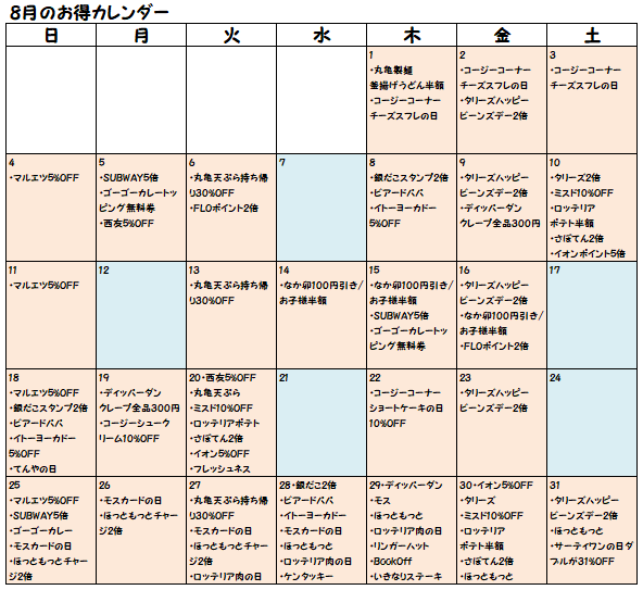 19年8月お得カレンダー 夏もお得に過ごそう 合計26店舗のお得な日を紹介 節約と副収入で貯金を増やすブログ 目指せ金持ちライフ