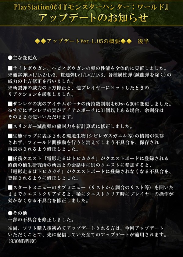 Mhw アップデートver 1 05配信 斬裂弾の下方修正 吹き飛ばし緩和と通常弾 貫通弾 各種属性弾 滅龍弾除く の上方修正 装飾品バグも修正 その他修正多数 モンハンライズ2chまとめ速報 Mhrise攻略