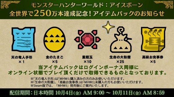 Mhwi 全世界で250万本達成記念 アイテムパックの配信が決定 天の竜人手形や重鎧玉などが貰える アイスボーン モンハンライズ サンブレイク2chまとめ速報 Mhrise攻略