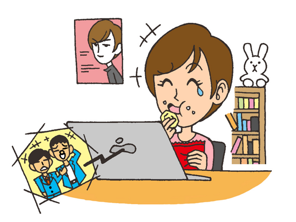 自宅でお菓子を食べながら漫才の動画を見て笑う女性のイラスト 新型コロナで崖っぷちになった岩手の似顔絵師の奮闘日記