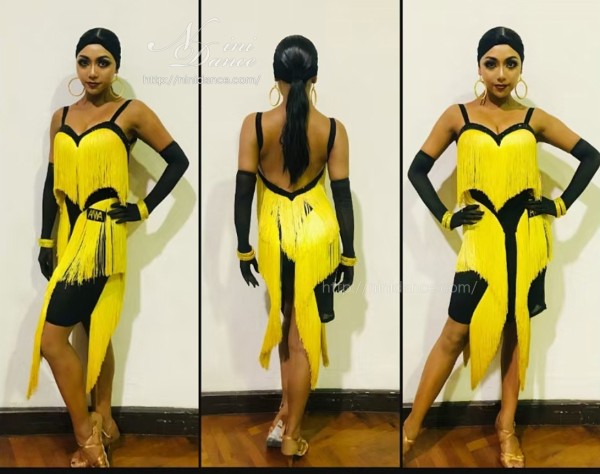 DA011黒と黄がエネルギッシュなフリンジラテンドレス : 社交ダンス