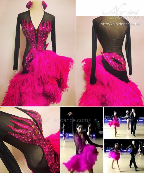 Y0013黒ボディ×ピンクオーストリッチ裾のラテンドレス : 社交ダンス 