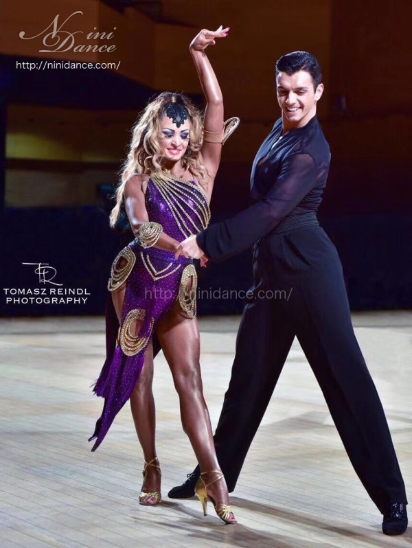 D834高級ブランドVESA製メタリック紫と金のラテンドレス : 社交ダンス 
