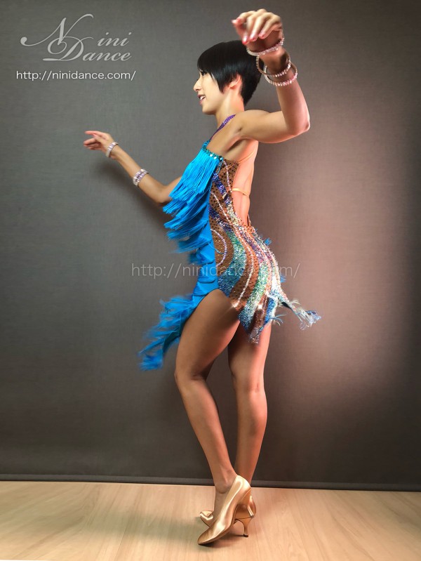 D799表と裏で全く違う印象の水色フリンジラテンドレス : 社交ダンス 