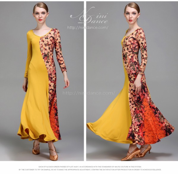 新品❤ ラテンドレス・イエロー・花柄・Mサイズ 社交ダンス 衣装 モダンドレス ラテンドレス ラテン 社交ダンス