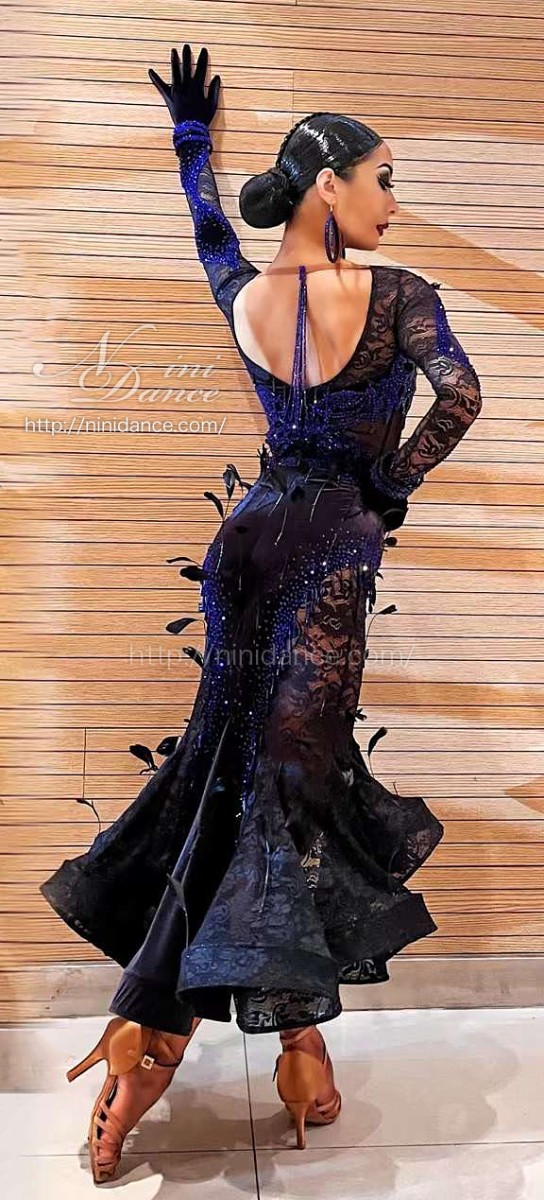 DA079黒＆青のフレアロングスカートのラテンドレス : 社交ダンスウェア 