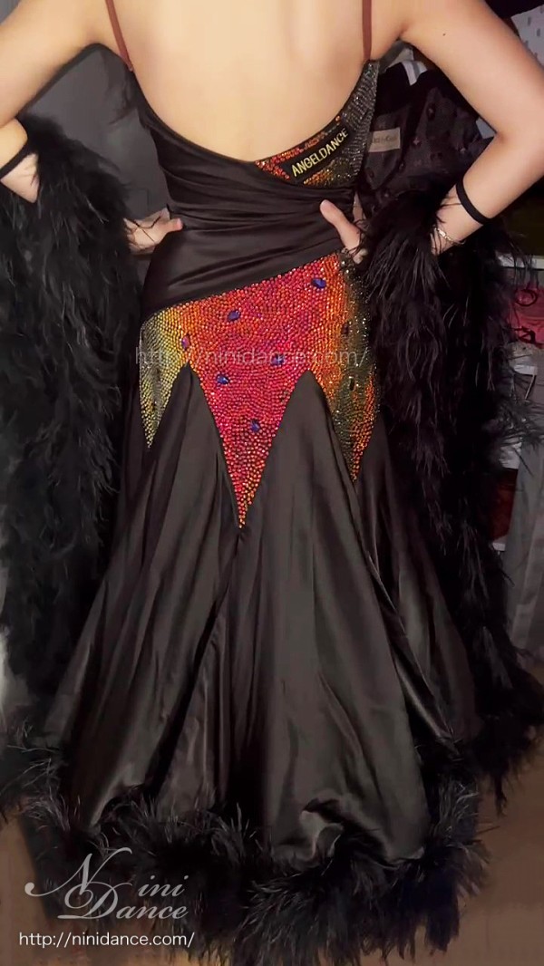 DA047マラボーが豪華で2種フロート付き黒いモダンドレス : 社交ダンス