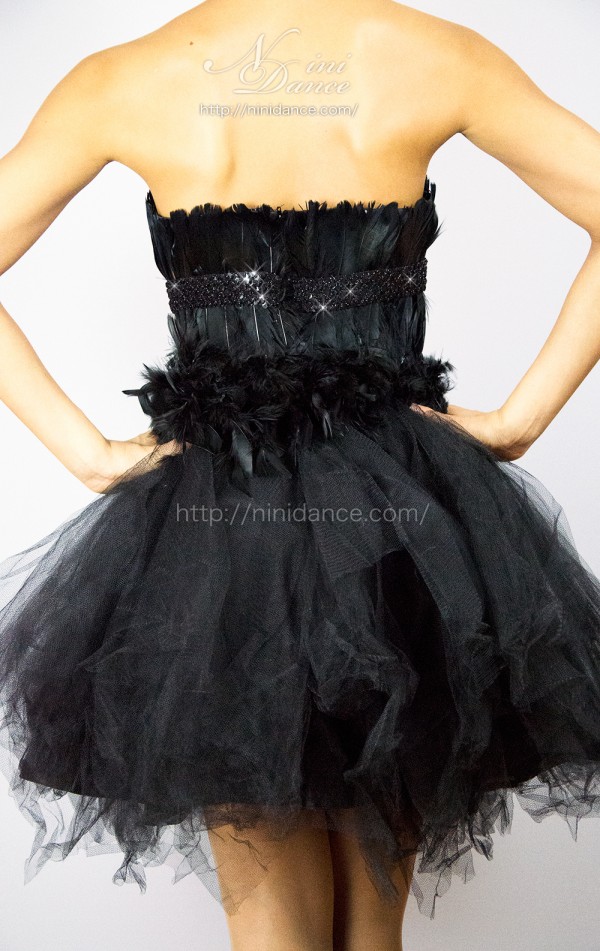 LP031黒羽根とチュール裾のミニパーティドレス : 社交ダンスウェア