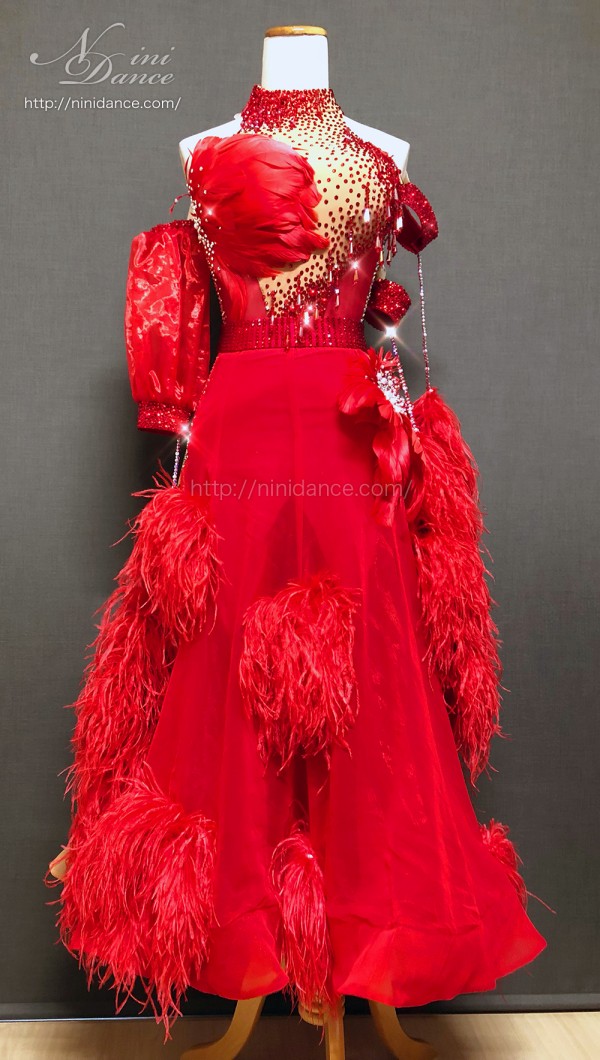 D788ポンポン羽飾りが舞い踊る赤とベージュのモダンドレス : 社交 