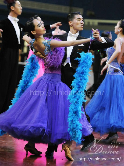 D190胸元オーストリッチの紫青チュールモダンドレス : 社交ダンス 