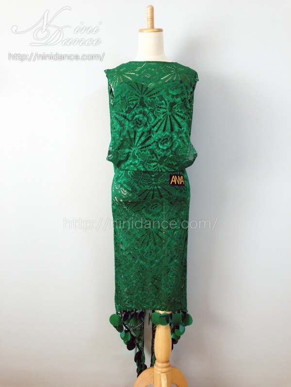 LP019美しいレースに纏われたダークグリーンのラテンドレス : 社交