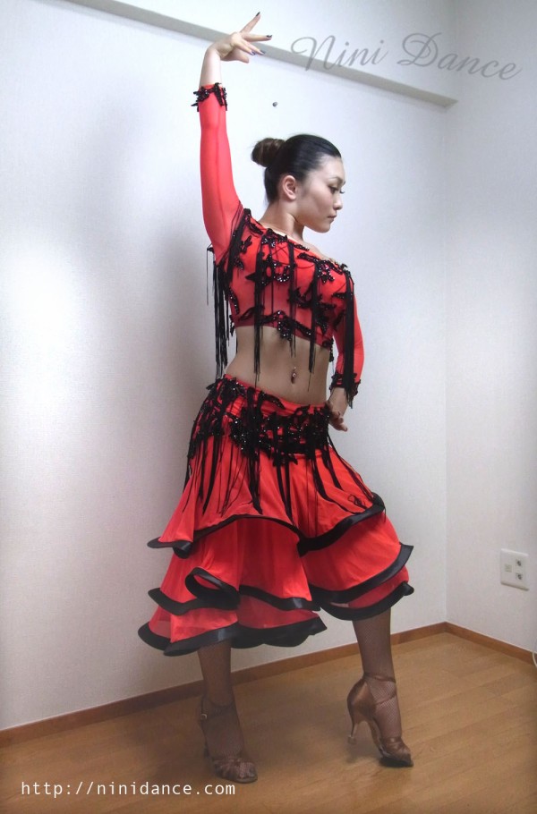 D015イギリス製赤黒のセパレートラテンドレス : 社交ダンス
