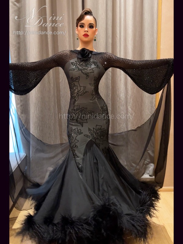 DA023羽根付のマーメイドラインの黒い薔薇ドレス : 社交ダンスウェア 