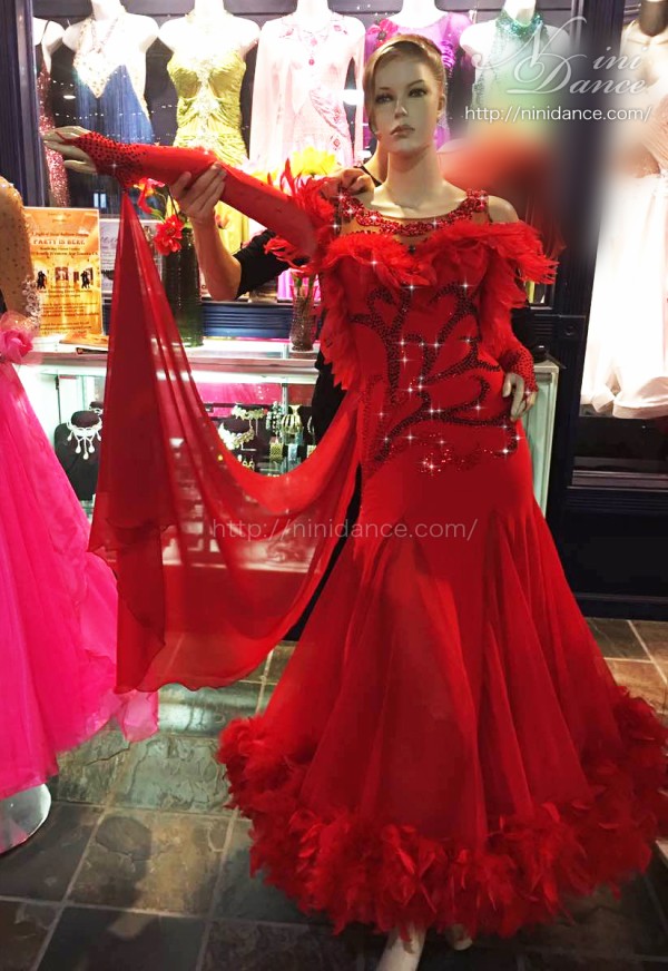 D562飛び舞う赤い鳥のような羽根モダンドレス : 社交ダンスウェアNiniDance