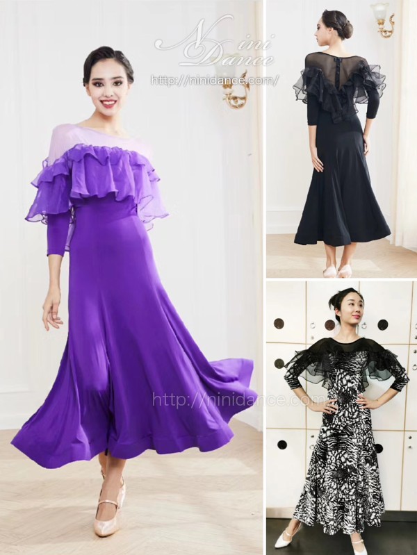 パーティーに】新品 フリル付き黒白花柄プリント 社交ダンス