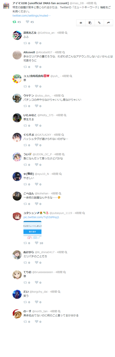 ミリパチ アイマスdbくん 特定の話題が苦手と感じられるかたは Twitterの ミュートキーワード 機能をご利用ください なんのことやろなあ 本田未央ちゃん応援まとめ速報