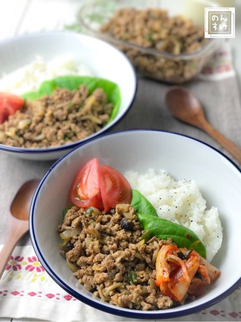 レシピ 余ったキムチ鍋の素で 簡単ビビン丼風ピリ辛そぼろ丼 のんすけのおいしいくらしと簡単オシャレシピ