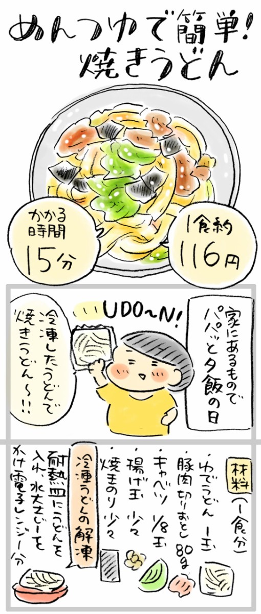 1食約116円 めんつゆで失敗なし 豚とキャベツの焼きうどん おづまりこの ゆるり より道ひとり暮らし 旧 おひとりさまのあったか1ヶ月食費2万円 生活