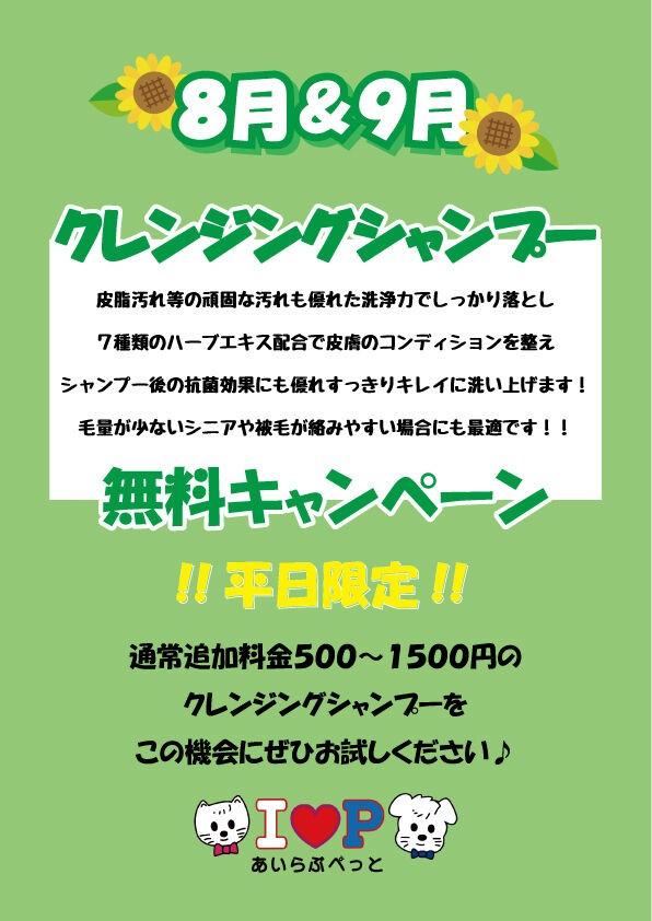 美容室あいらぶぺっとから８月 ９月キャンペーンのお知らせ 福岡県久留米市 ワンラブ ゆめタウン久留米店 ブログ