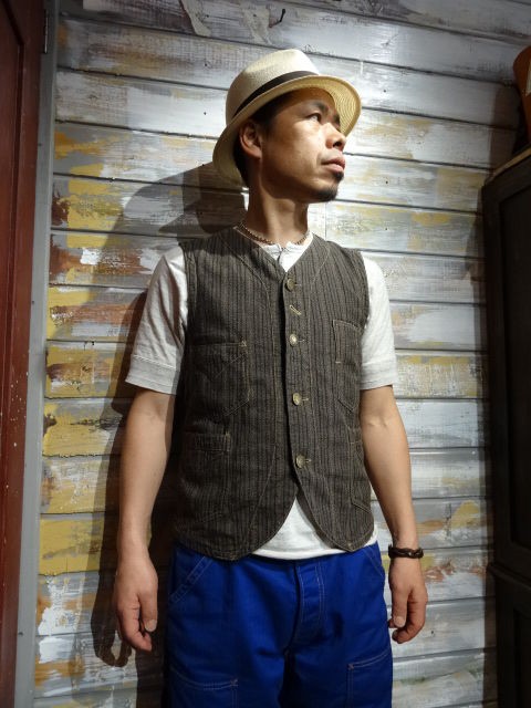 フリーホイーラーズ コンダクターベスト ランダムストライプ 杢ブラウン40 New！ FREEWHEELERS ”CONDUCTOR VEST” BROWN RANDOM STRIPE : OLD