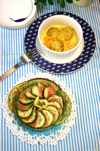 タッパーウェーブ☆魚介のサフランクリーム＆ズッキーニベーコン