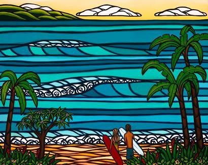 最新作の ヘザーブラウン Heatherbrown 海 波 ヤシの木 波打ち際 太陽 新品 絵画 タペストリ