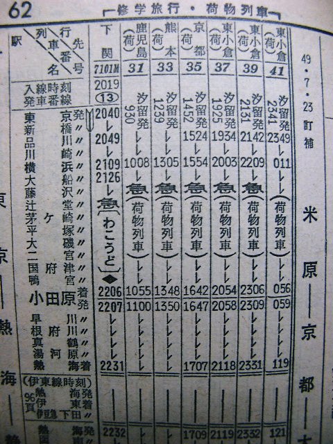 74年夏の東海道・山陽本線の急行荷物列車の時刻 : Rail
