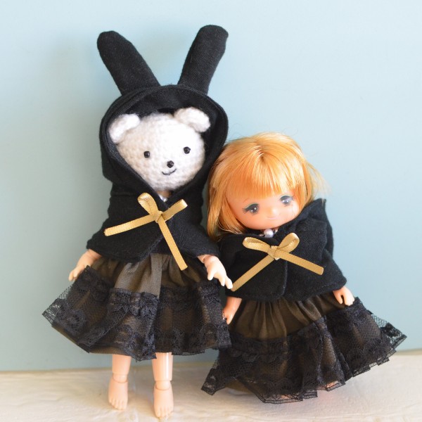 ミキちゃんマキちゃん、オビツ11ボディさんサイズの黒うさぎセット 