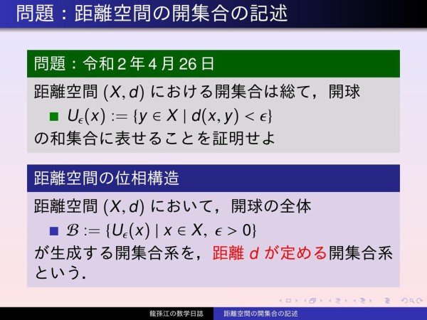 位相空間論 距離空間の開集合の記述 龍孫江の数学日誌