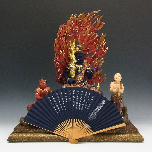 楠/樟(クス) 彩色 不動三尊(倶利伽羅剣・火炎巻光背)坐像 二童子 楠/樟(クス) 彩色 不動三尊(倶利伽羅剣・火炎巻光背)坐像 二童子