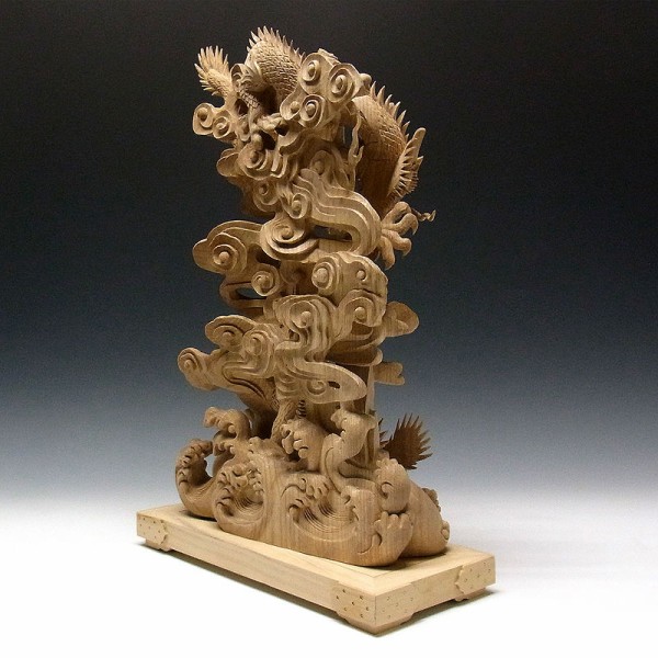 楠/樟(クス) 白木 最上彫り双龍 高さ:53cm (販売・木彫り 楠/樟(クス) 白木 最上彫り双龍 高さ:53cm (販売・木彫り
