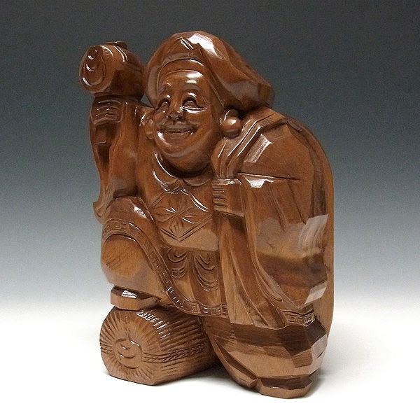 木彫りの大黒様の置物 大黒天 一刀彫り 七福神 骨董品 オブジェ 縁起物