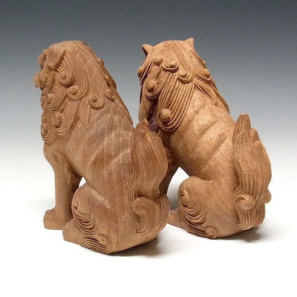 国産欅(ケヤキ) 木彫りの狛犬(獅子狛犬) 高さ:16cm （販売・木彫り 