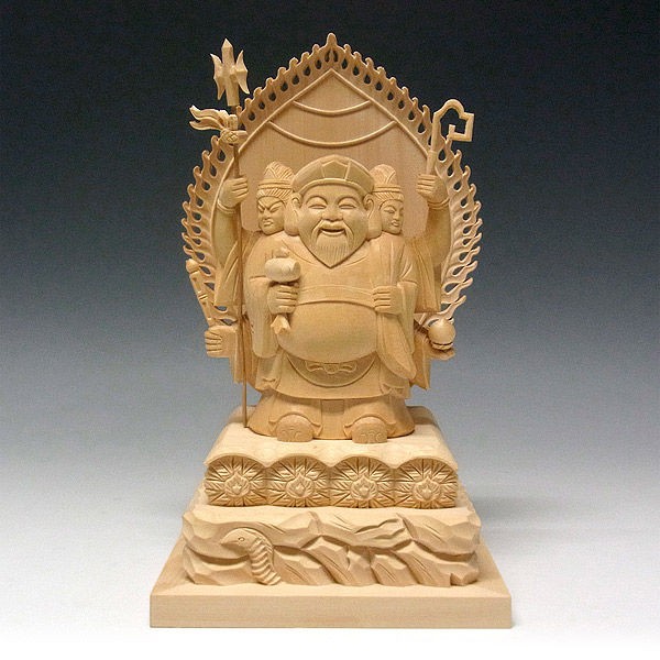 桧/檜(ヒノキ) 三面大黒天(俵座) 高さ：23cm （販売・木彫り