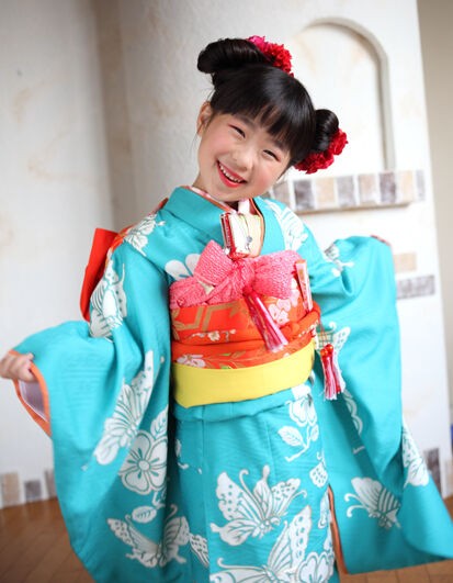 七五三 7歳 着物セット 緑 蝶柄