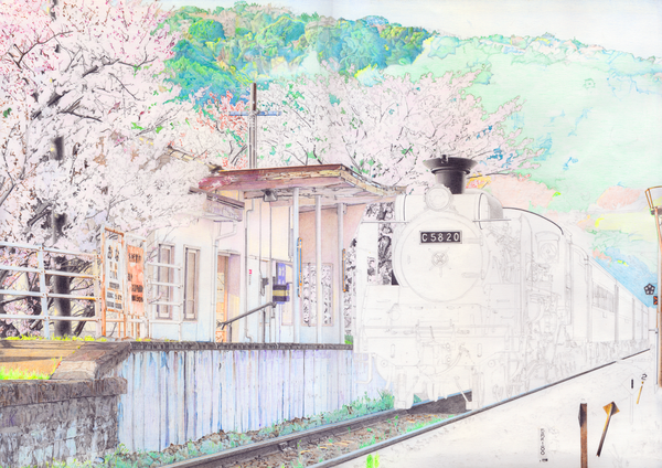 鉛筆画　白い木製フレーム付き　白い浜辺の女の子。 鉛筆画「桜満開の天浜線尾奈駅とC58」経過報告-4 : SL@天浜線