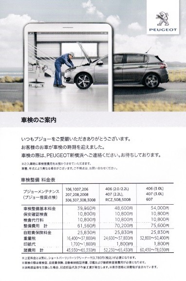 今日のお知らせ Peugeot 車検のご案内 彷徨私事記