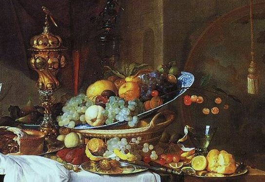 油絵　果物と食器 卓上の果物と豪華な食器 : Renaissance