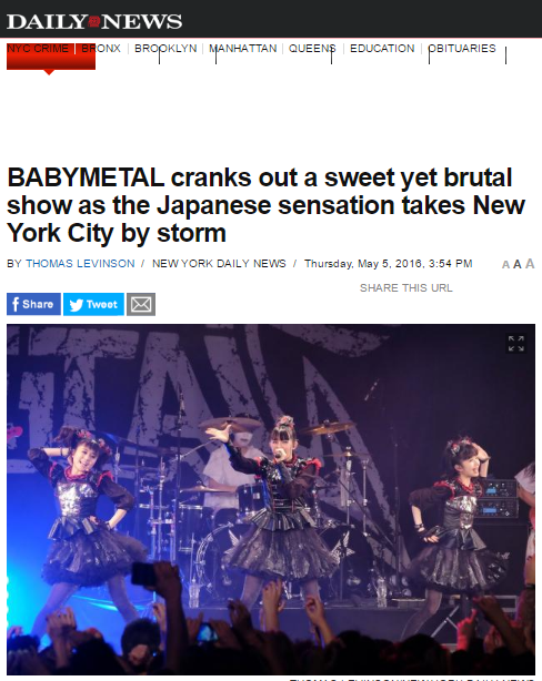 ニューヨーク デイリー Babymetalが甘い残忍なショーでニューヨークシティに嵐を起こす ほか海外記事 Babymetalの使徒